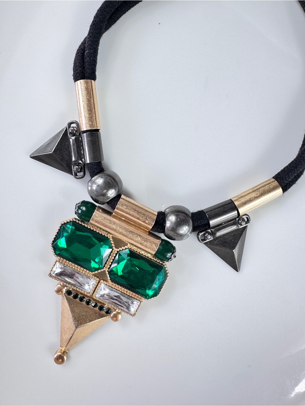 Avon Green Scene Necklace with Emerald Green Crystals and Gold Accents